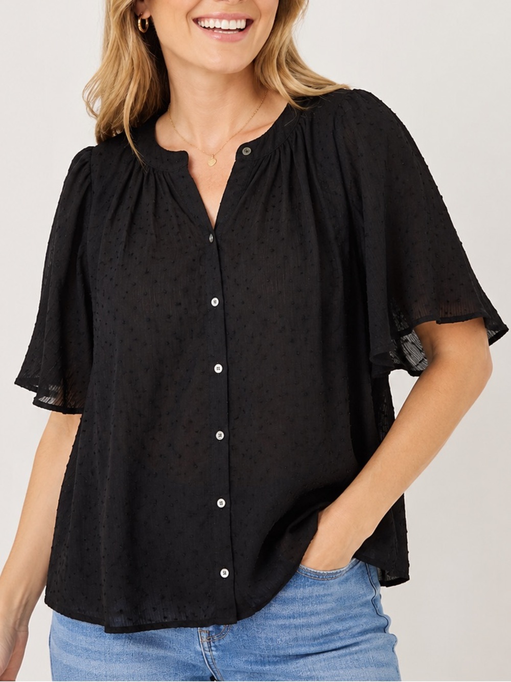 LOFT Black Swiss Dot Flutter Sleeve Button Front Blouse XL